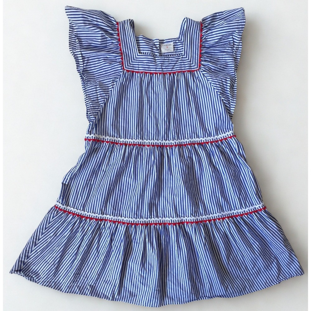 Crewcuts Girls 12 Blue White Stripe Dress Red Trim Nautical Americana Cotton